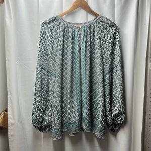 Max Studio Teal Blue Green Pattern Keyhole Blouse- 1X